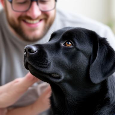 A smiling man petting a friendly black labrador.