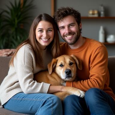 A happy couple sitting on a couch with their calm and content mixed-breed dog.